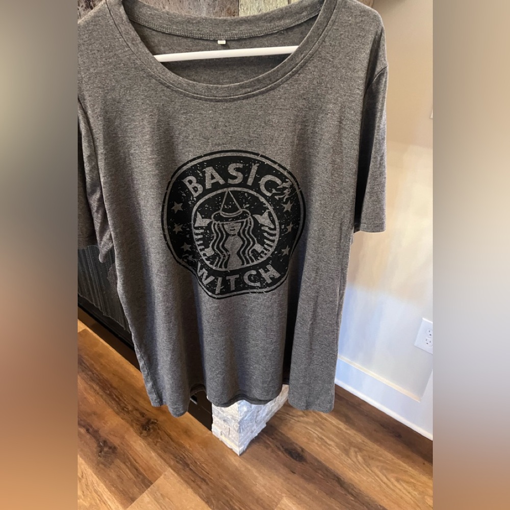 Gray Graphic Tee with Witch Design